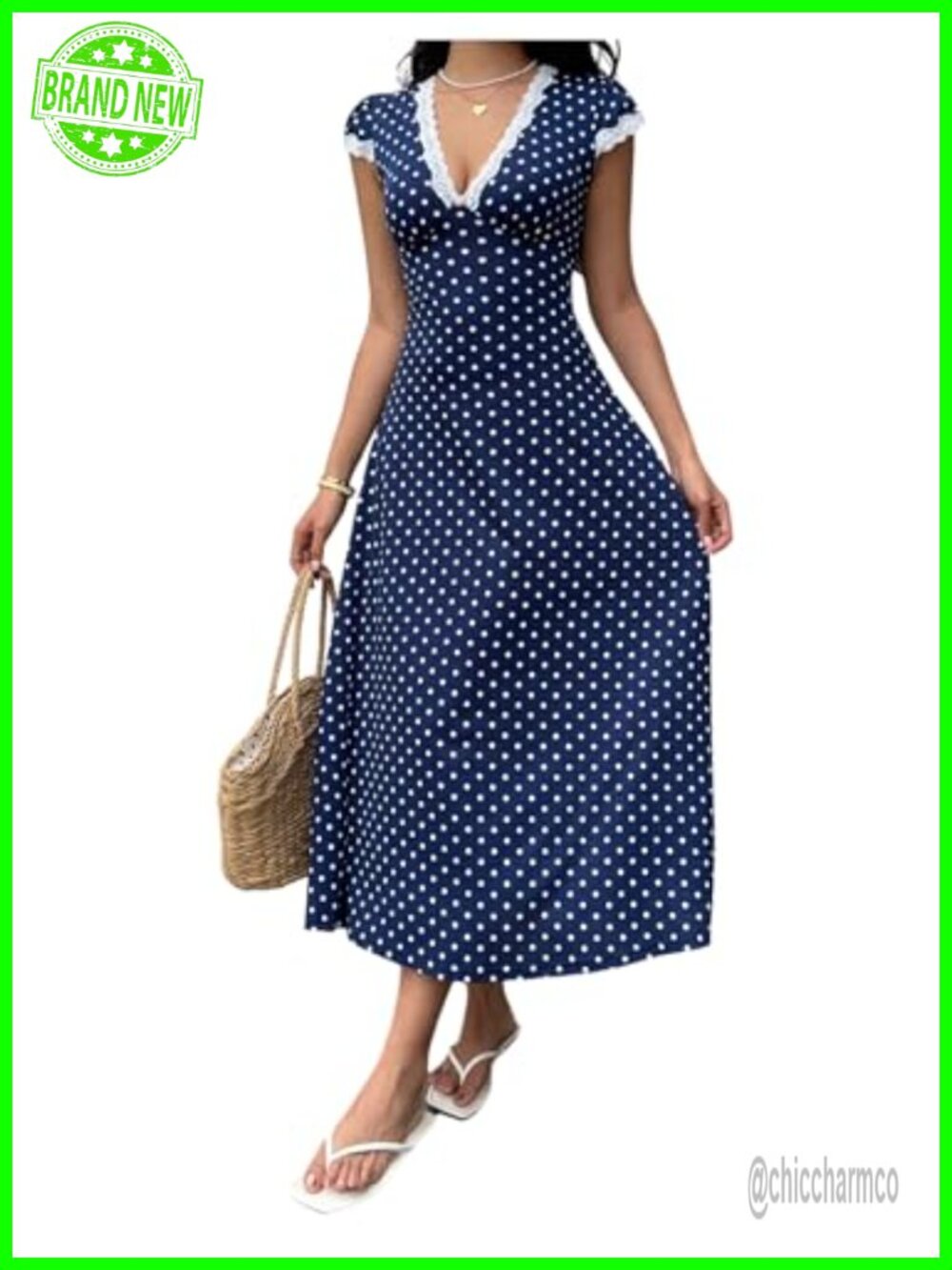Polka Dots Lace Trim V Neck A-Line Maxi Dress Short Sleeve